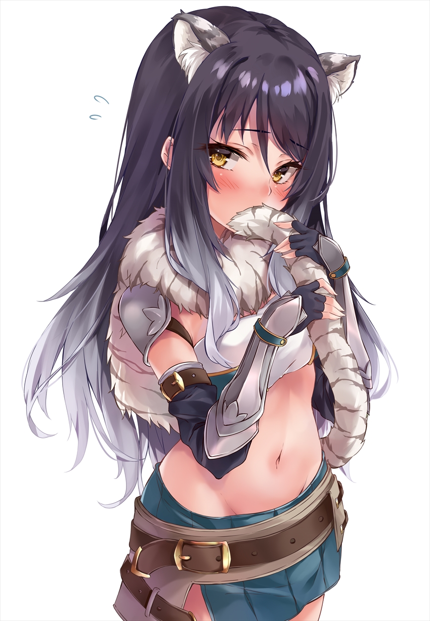 1girl animal_ear_fluff animal_ears bandeau belt belt_buckle black_gloves black_hair blush brown_belt buckle commentary_request covered_mouth covering_mouth cowboy_shot embarrassed fingerless_gloves flying_sweatdrops fur_collar gauntlets gloves gradient_hair grey_hair highres holding_own_tail kashiwazaki_shiori long_hair looking_at_viewer marisasu_(marisa0904) midriff multicolored_hair navel princess_connect! princess_connect!_re:dive simple_background skirt solo stomach tail tiger_ears tiger_girl tiger_tail vambraces white_background yellow_eyes