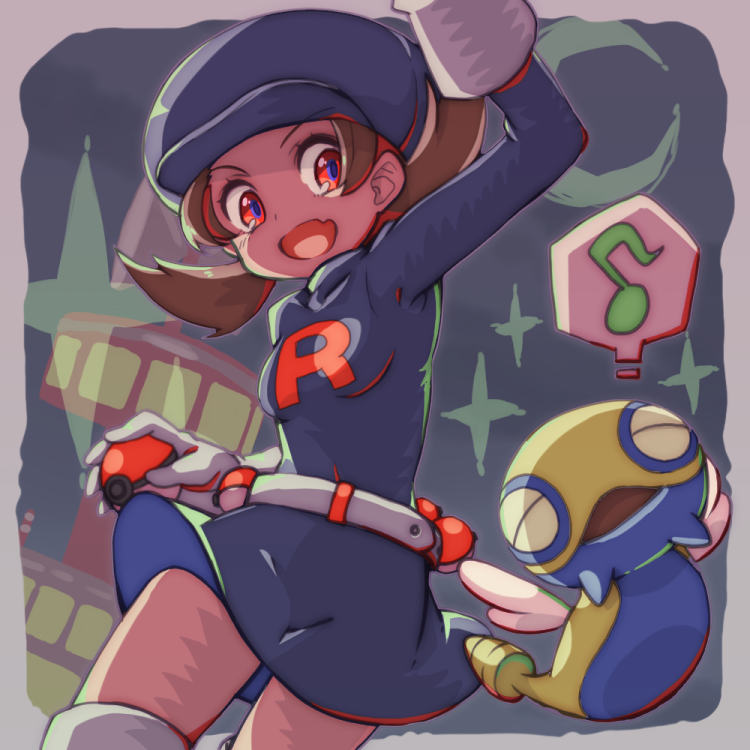 1girl alternate_costume brown_eyes brown_hair cabbie_hat cosplay dunsparce gloves hat holding kotone_(pokemon) open_mouth poke_ball poke_ball_(generic) pokemon pokemon_(creature) pokemon_(game) pokemon_hgss s_(happycolor_329) skirt smile team_rocket_uniform thigh-highs twintails