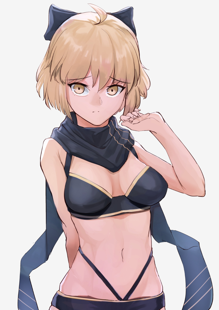 1girl ahoge black_bow black_scarf blonde_hair bow breasts closed_mouth fate/grand_order fate_(series) hair_bow hank10111213 koha-ace looking_at_viewer okita_souji_(fate) okita_souji_(fate)_(all) scarf short_hair simple_background solo yellow_eyes