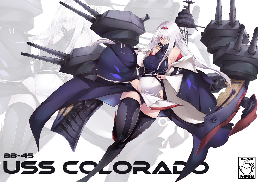 1girl artist_name azur_lane bangs bare_shoulders black_panties boots breasts cannon character_name colorado_(azur_lane) commentary cross-laced_footwear detached_sleeves english_commentary english_text full_body gainoob hair_intakes hair_over_one_eye hairband large_breasts long_hair long_sleeves panties red_eyes rigging sideboob sidelocks solo standing standing_on_one_leg thigh-highs thigh_boots underwear white_hair wide_sleeves