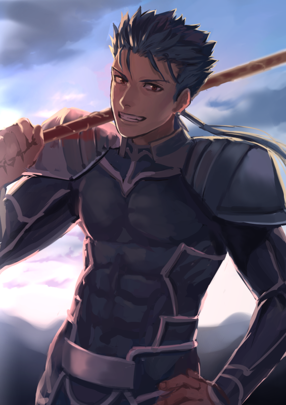 1boy armor blue_hair cu_chulainn_(fate)_(all) earrings fate_(series) hand_on_hip holding holding_spear holding_weapon jewelry kusarebon lancer long_hair long_sleeves looking_at_viewer low_ponytail male_focus pauldrons polearm ponytail red_eyes smile solo spear spiky_hair standing teeth weapon