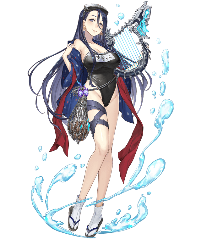 1girl black_hair breasts covered_navel diving_mask_on_head earrings full_body hair_between_eyes harp instrument jewelry ji_no kaguya_hime_(sinoalice) large_breasts long_hair looking_at_viewer net official_art sandals sinoalice smile solo swimsuit thigh_strap transparent_background water