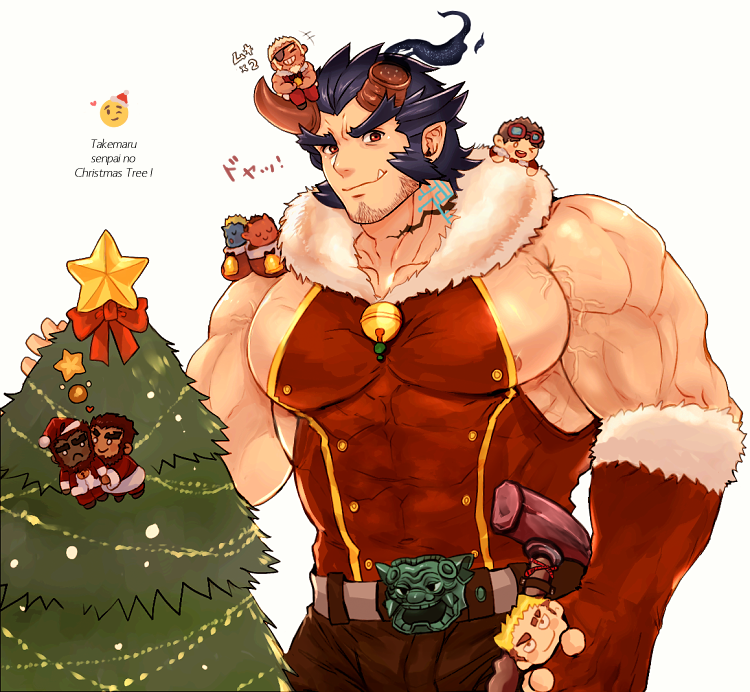 1boy abs bara beard belt black_hair chest christmas christmas_tree facial_hair fang hat hephaestus_(tokyo_houkago_summoners) horns jewelry looking_at_viewer male_focus muscle necklace nipples pectorals scar simple_background smile solo takemaru_(tokyo_houkago_summoners) teeth tokyo_houkago_summoners tora_d