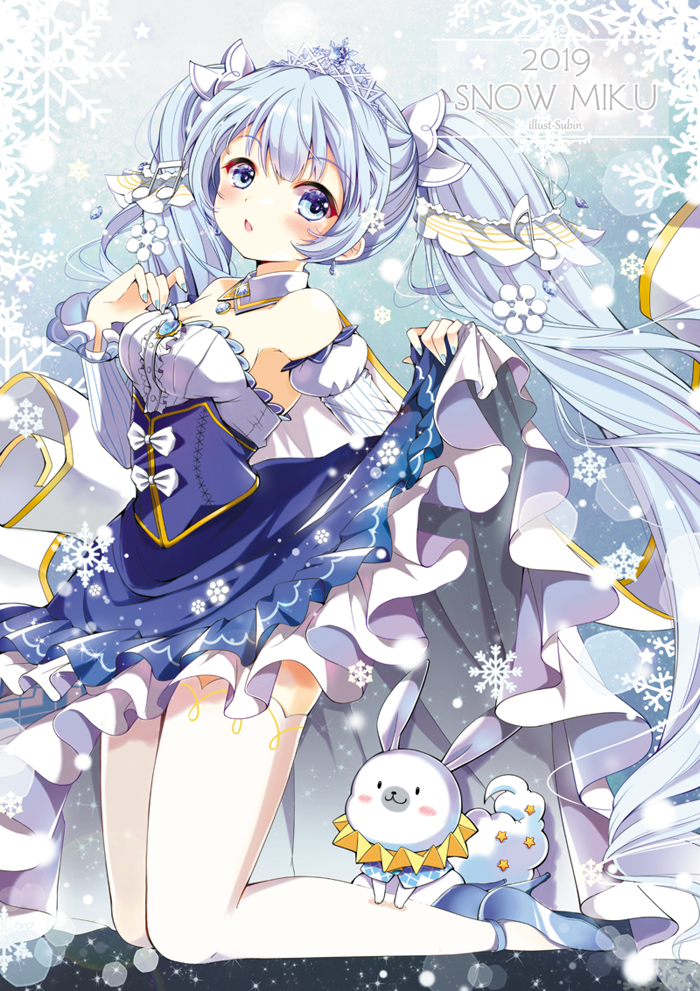 1girl artist_name blue_background blue_eyes blue_footwear blue_hair blue_nails blue_skirt blush breasts character_name detached_sleeves from_side hatsune_miku high_heels kneeling long_hair medium_breasts nail_polish open_mouth rabbit rabbit_yukine skirt skirt_hold snowflakes subin thigh-highs tiara twintails very_long_hair vocaloid white_legwear white_sleeves yuki_miku yuki_miku_(2019)