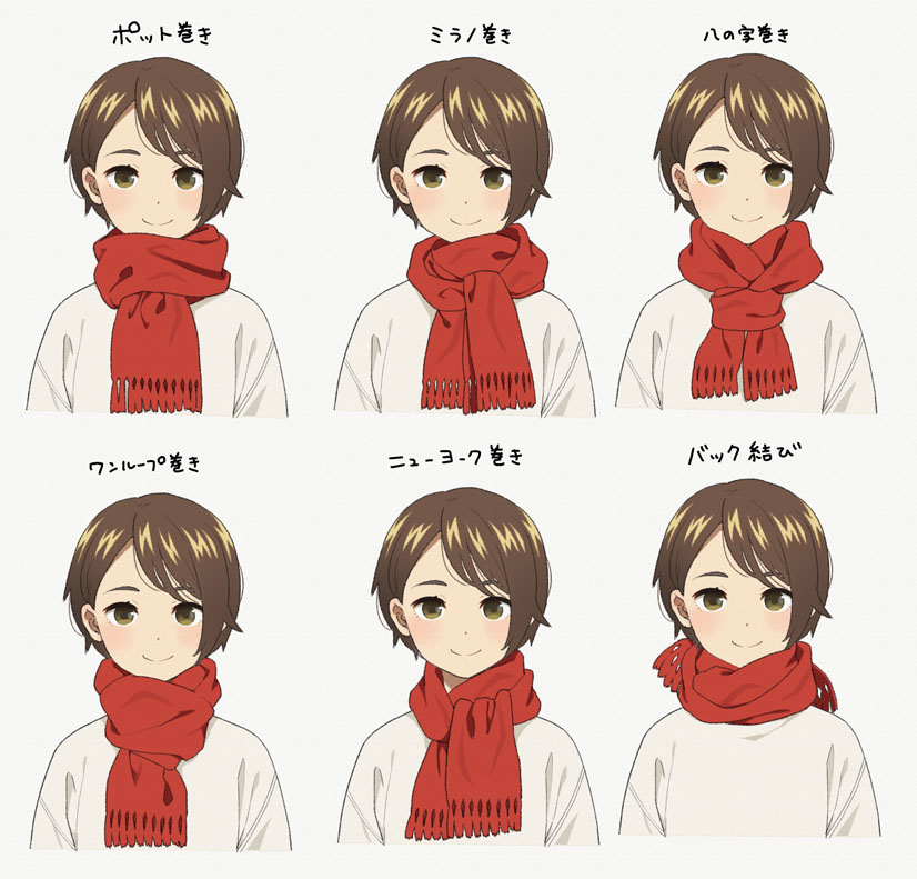 1girl bangs blush brown_eyes brown_hair closed_mouth cropped_torso eyebrows_visible_through_hair fringe_trim grey_background looking_at_viewer mattaku_mousuke multiple_views original red_scarf scarf shirt short_hair simple_background smile swept_bangs translation_request upper_body white_shirt