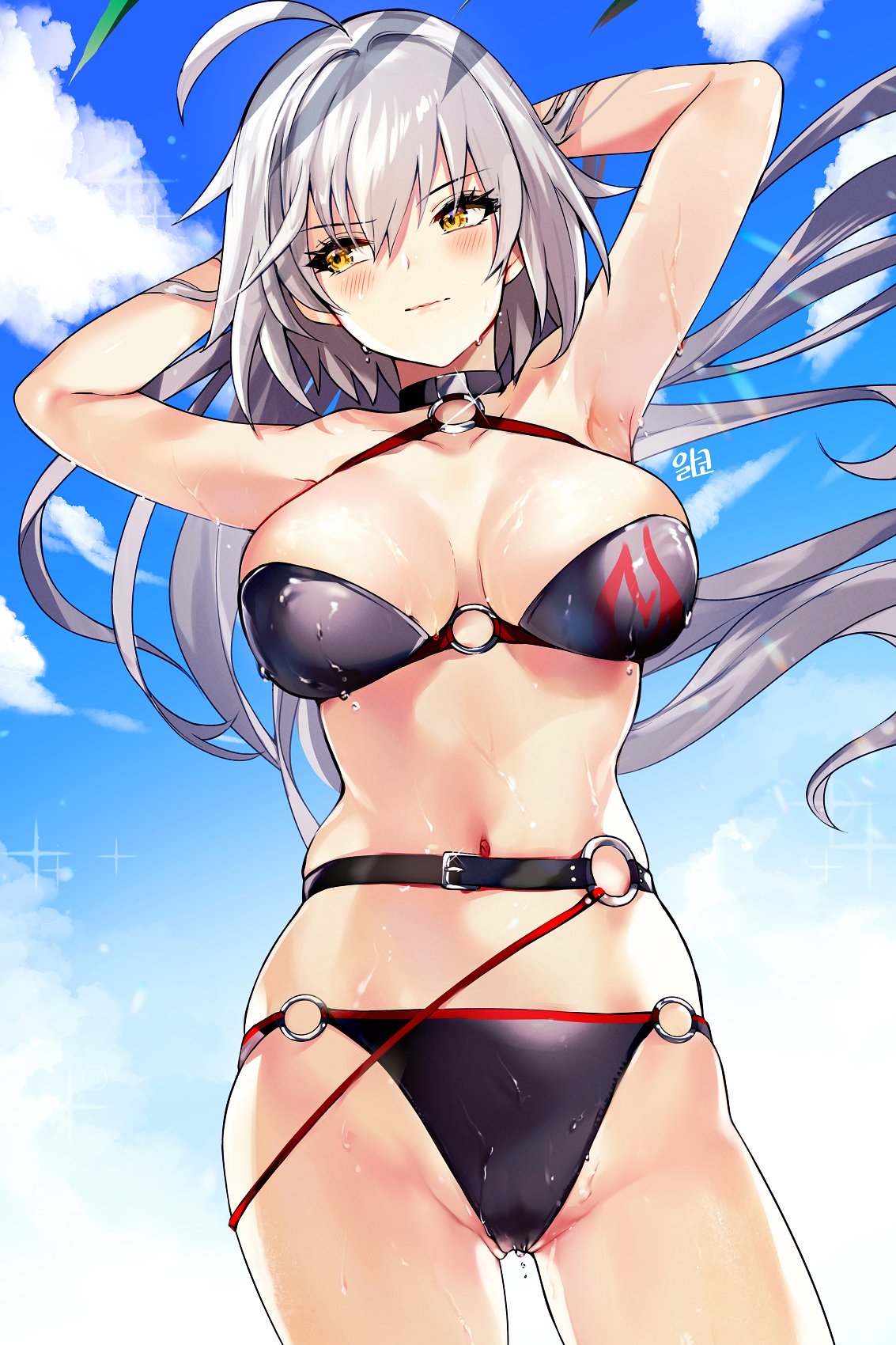1girl ahoge alraco armpits arms_behind_head arms_up bangs bikini black_gloves blue_sky blush breasts clouds cloudy_sky collarbone commentary_request day fate/grand_order fate_(series) gloves highleg highleg_bikini highres jeanne_d'arc_(alter)_(fate) jeanne_d'arc_(alter_swimsuit_berserker) jeanne_d'arc_(fate)_(all) large_breasts light_smile lips looking_to_the_side navel o-ring o-ring_bikini o-ring_bottom o-ring_top outdoors shiny shiny_clothes shiny_hair shiny_skin signature silver_hair sky solo sparkle stomach swimsuit water water_drop wet yellow_eyes