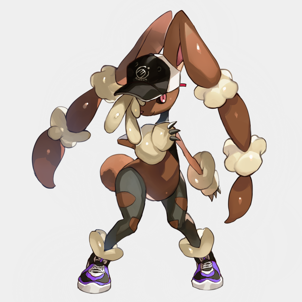 1girl animal_ears baseball_cap black_headwear black_sclera bunny_tail closed_mouth clothed_pokemon full_body furry gen_4_pokemon grey_background hand_up happy hat looking_at_viewer lopunny mega_lopunny mega_pokemon newo_(shinra-p) no_humans pink_eyes pokemon pokemon_(creature) purple_footwear rabbit_ears shoes simple_background smile solo standing tail