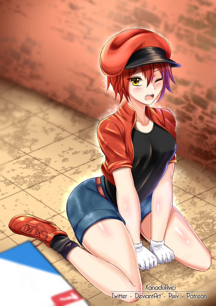 1girl ae-3803 black_legwear black_shirt blush box brick_wall cabbie_hat cardboard_box denim denim_shorts gloves hat hataraku_saibou jacket looking_at_viewer one_eye_closed open_mouth red_blood_cell_(hataraku_saibou) red_footwear red_headwear red_jacket redhead shirt shoes short_hair short_sleeves shorts sitting socks solo tile_floor tiles wariza white_gloves xanadu_avici yellow_eyes