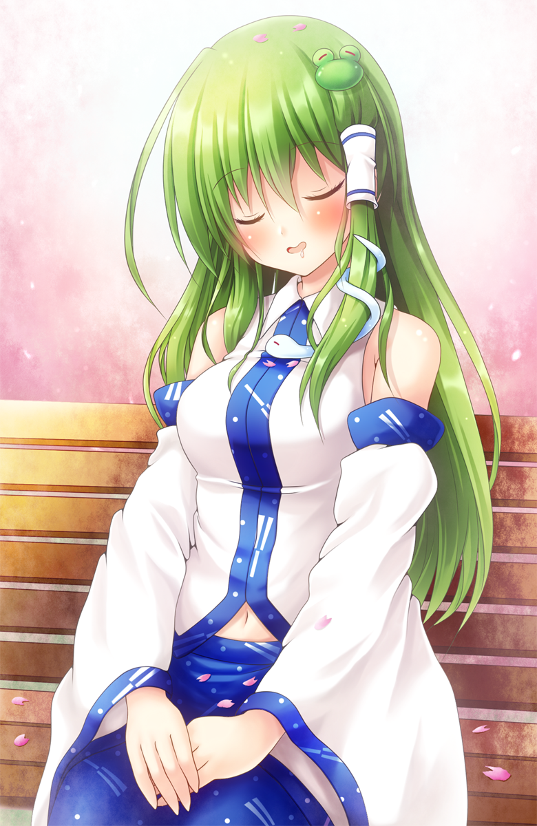 1girl :d bangs bare_shoulders blue_skirt blush breasts closed_eyes commentary_request detached_sleeves eyebrows_visible_through_hair frog_hair_ornament green_hair hair_between_eyes hair_ornament hair_tubes head_tilt highres kochiya_sanae long_hair long_sleeves medium_breasts navel open_mouth osashin_(osada) own_hands_together petals pink_background shirt sidelocks skirt smile snake_hair_ornament solo touhou white_shirt wide_sleeves