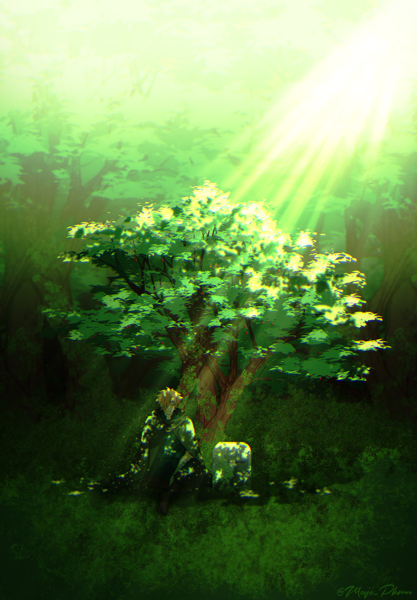 1boy bandaged_arm bandages blonde_hair cape cherry cherry_tree closed_eyes closed_mouth fate/grand_order fate_(series) food forest fruit full_body green_cape light_rays meiji_ken nature on_grass outdoors robin_hood_(fate) short_hair sitting solo sunbeam sunlight tombstone