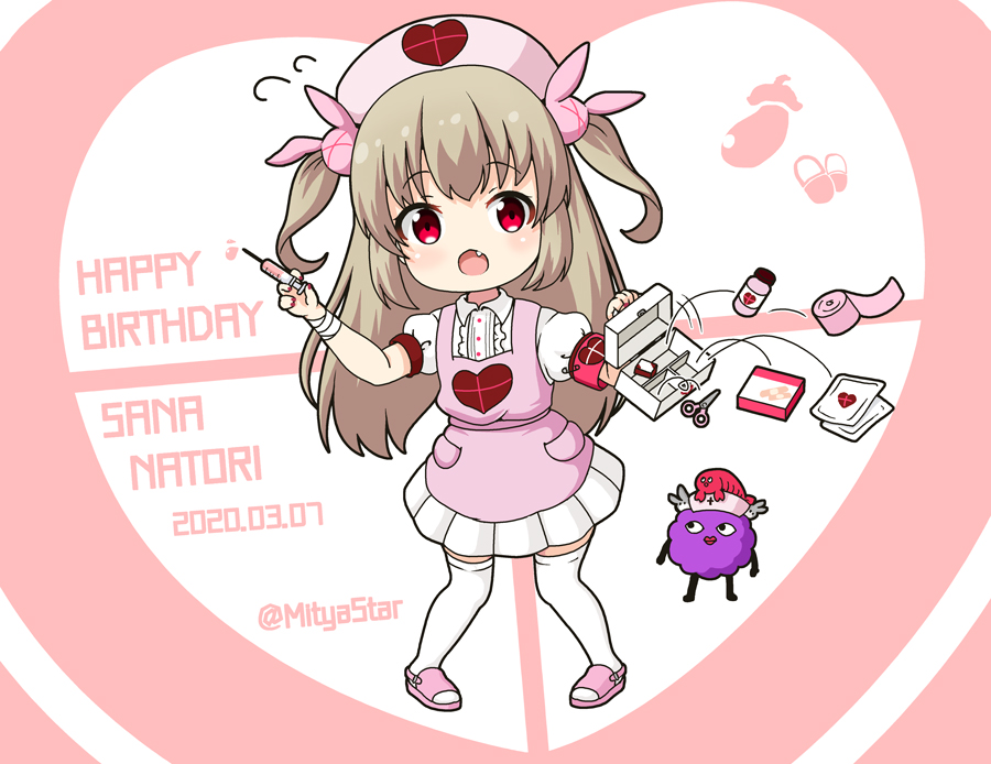 &gt;_&lt; 1girl apron armband bandaged_arm bandages bangs blush bottle brown_hair bunny_hair_ornament character_name chibi commentary_request dated eggplant eyebrows_visible_through_hair fang full_body hair_ornament happy_birthday hat heart holding holding_syringe long_hair looking_at_viewer miicha nail_polish natori_sana nurse_cap open_mouth pill pink_apron pink_footwear pink_headwear pleated_skirt puffy_short_sleeves puffy_sleeves red_eyes red_nails saana-kun sana_channel scissors shirt short_sleeves skirt slippers standing syringe thigh-highs twitter_username two_side_up very_long_hair virtual_youtuber white_legwear white_shirt white_skirt