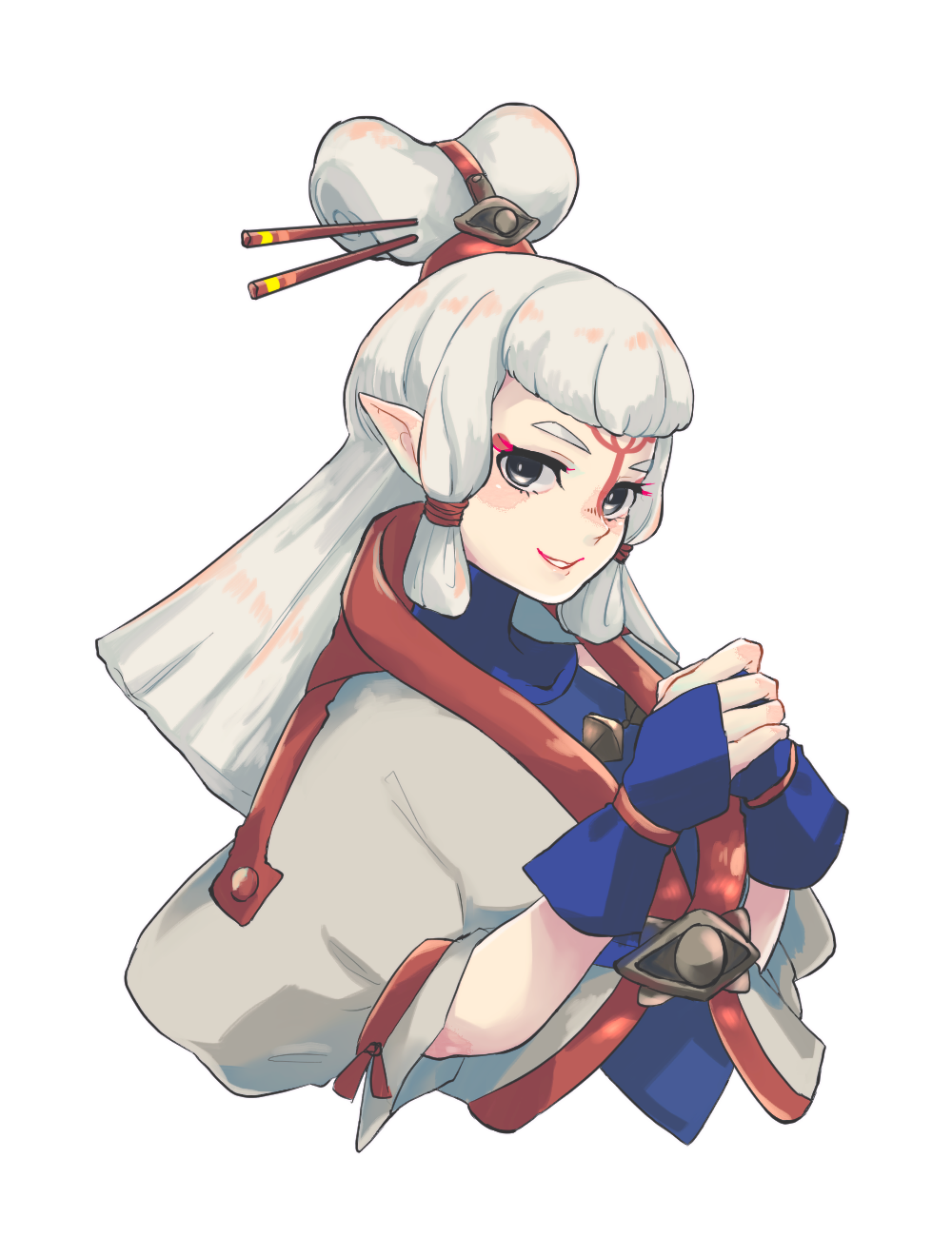 1girl bangs black_eyes blueeyes_cat facial_mark fingerless_gloves forehead_mark forehead_tattoo gloves grey_hair hair_ornament hair_stick highres long_hair looking_at_viewer parted_lips paya_(zelda) pointy_ears sheikah sidelocks simple_background solo the_legend_of_zelda the_legend_of_zelda:_breath_of_the_wild updo upper_body white_background