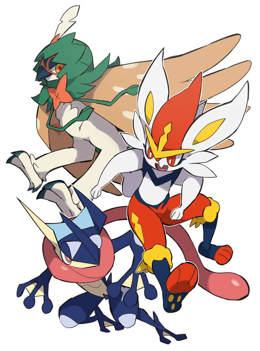 :d bright_pupils cinderace commentary decidueye greninja highres makoto_ikemu open_mouth outline pink_eyes pokemon pokemon_(creature) red_eyes red_pupils smile tongue white_background white_pupils yellow_eyes