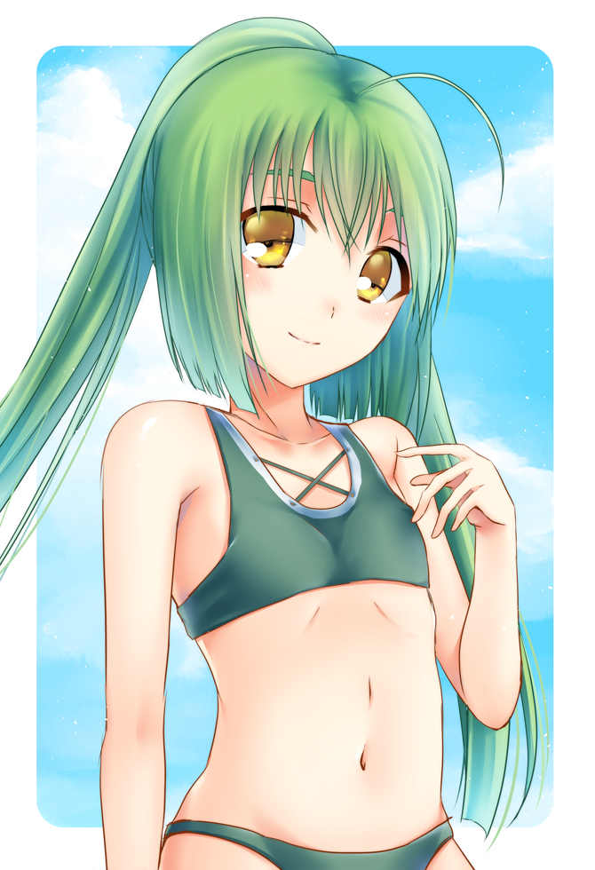 1girl a_k_1 ahoge bikini blush day flat_chest flower_knight_girl green_hair hand_up long_hair looking_at_viewer mint_(flower_knight_girl) navel outdoors smile solo standing swimsuit yellow_eyes