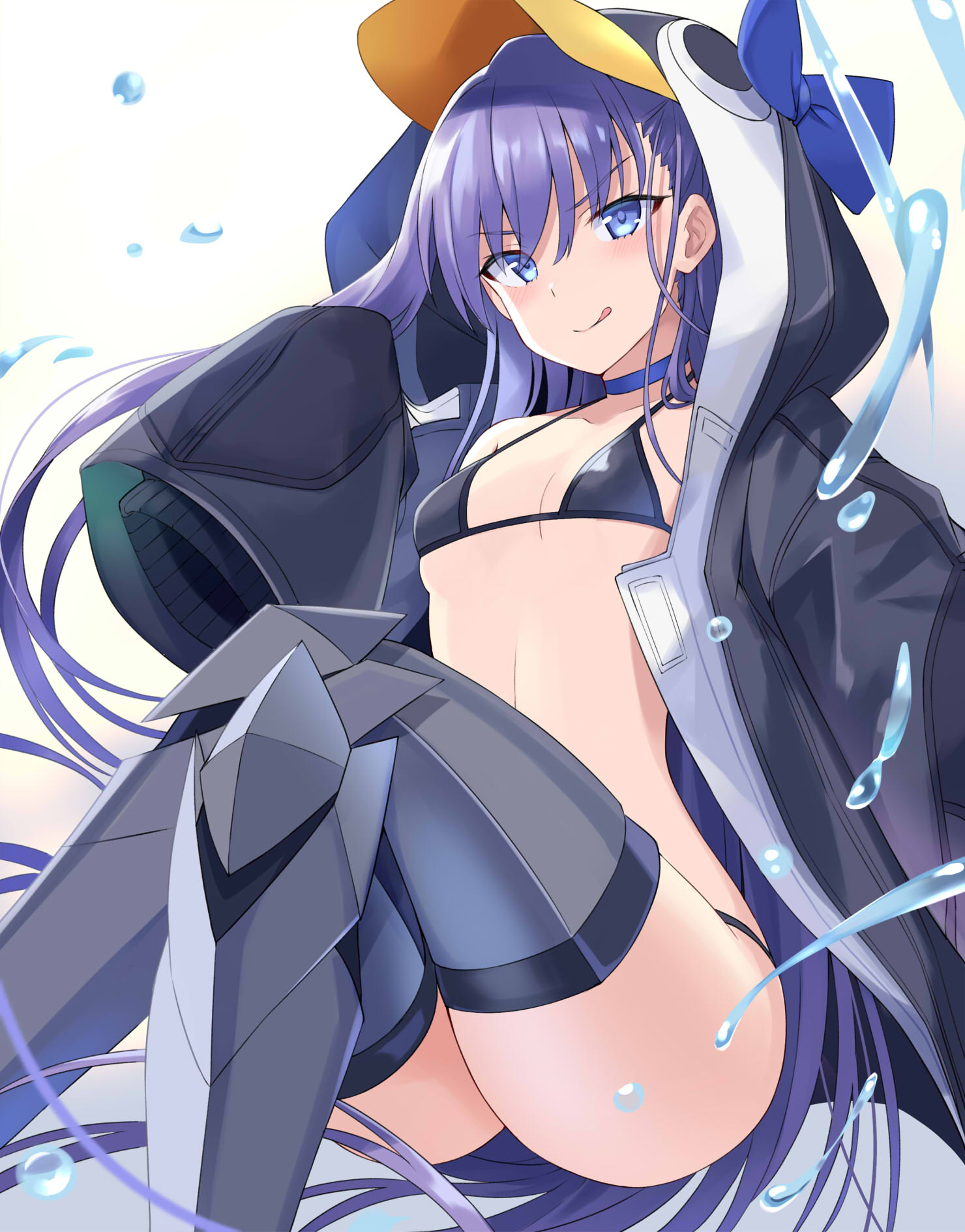 100 1girl animal_hood bangs bikini black_bikini black_jacket blue_bow blue_eyes blush bow breasts choker closed_mouth fate/grand_order fate_(series) greaves highres hood hood_up jacket legs licking_lips long_hair long_sleeves looking_at_viewer meltryllis meltryllis_(swimsuit_lancer)_(fate) open_clothes open_jacket penguin_hood prosthesis prosthetic_leg purple_hair sleeves_past_fingers sleeves_past_wrists small_breasts smile solo swimsuit tongue tongue_out