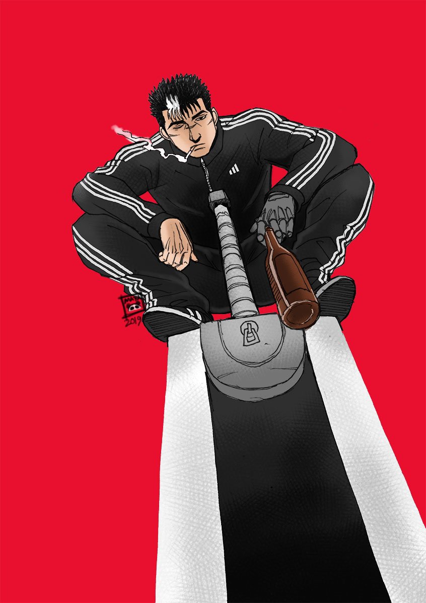 1boy beer_bottle berserk black_eyes black_footwear black_jacket black_pants bottle cigarette dated dragonslayer_(sword) from_below gopnik guts holding holding_bottle jacket looking_down male_focus maya_panda mechanical_arm mouth_hold multicolored_hair one_eye_closed pants planted_sword planted_weapon red_background scar shoes signature simple_background slav_squatting smoke smoking solo squatting streaked_hair sword track_jacket track_pants track_suit weapon