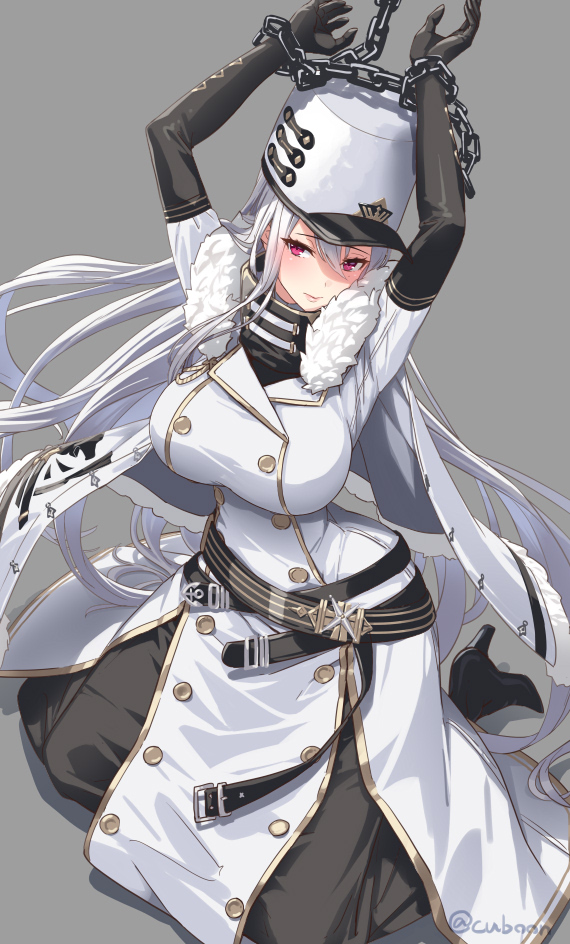 1girl arms_up azur_lane bangs black_gloves blush breasts closed_mouth coat coat_dress commentary_request cuboon double-breasted elbow_gloves eyebrows_visible_through_hair floating_hair fur-trimmed_coat fur_trim gloves grey_background hair_between_eyes hat head_tilt high_collar kneeling large_breasts long_hair looking_at_viewer military_hat mole mole_under_eye peaked_cap red_eyes restrained silver_hair simple_background solo sovetskaya_rossiya_(azur_lane) twitter_username very_long_hair white_coat white_headwear