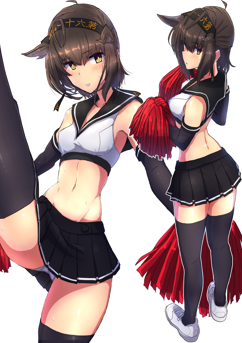 black_hair black_legwear cheerleader comala_(komma_la) hachimaki hatsuzuki_(kantai_collection) headband highres kantai_collection leg_up panties pom_poms shirt shoes short_hair sleeveless sleeveless_shirt sneakers thigh-highs underwear white_panties yellow_eyes zettai_ryouiki