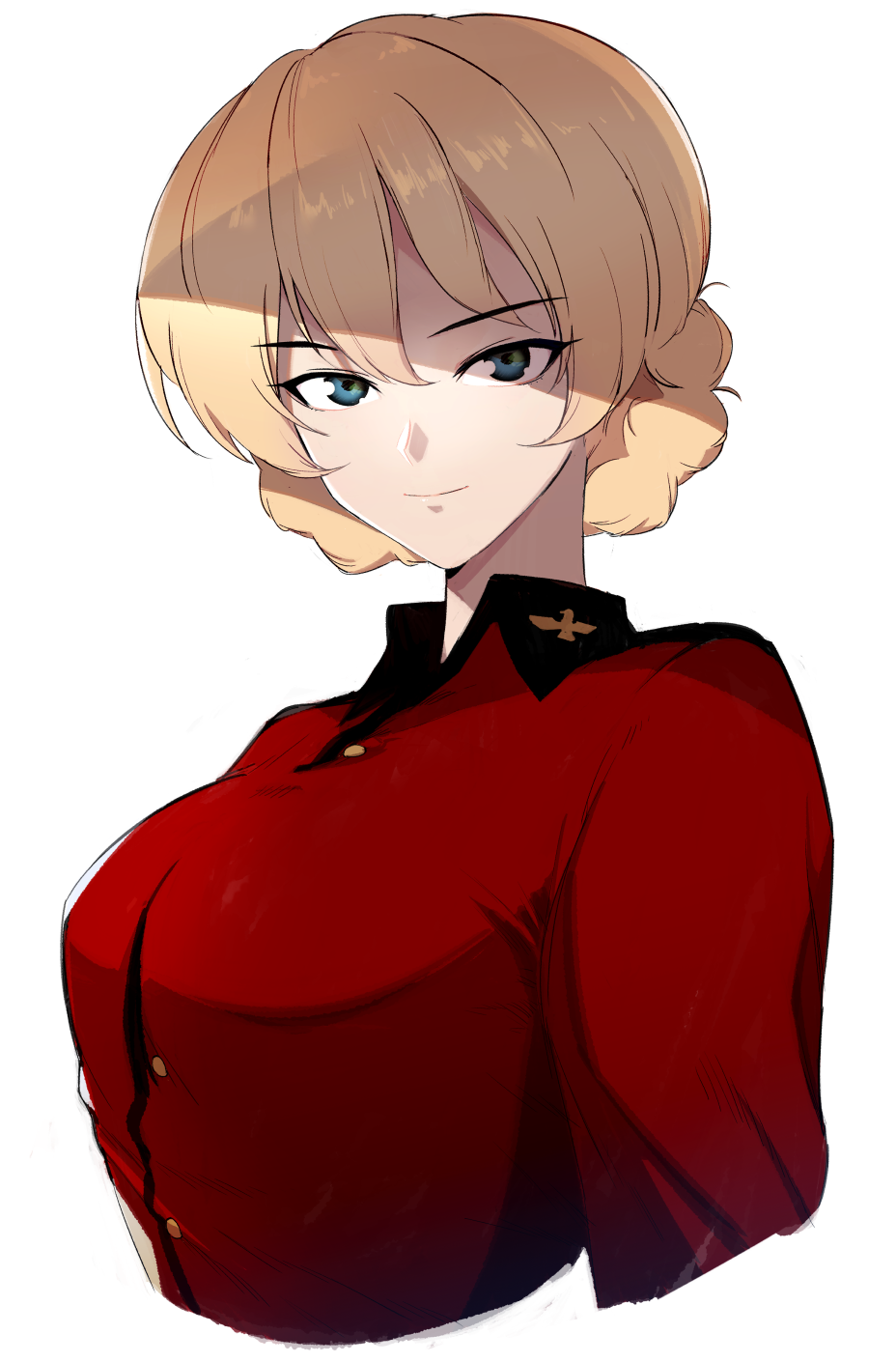 1girl bangs blonde_hair blue_eyes braid closed_mouth commentary cropped_torso darjeeling_(girls_und_panzer) epaulettes eyebrows_visible_through_hair girls_und_panzer highres insignia jacket long_sleeves looking_at_viewer military military_uniform mityubi red_jacket short_hair simple_background smile solo st._gloriana's_military_uniform tied_hair twin_braids uniform upper_body white_background