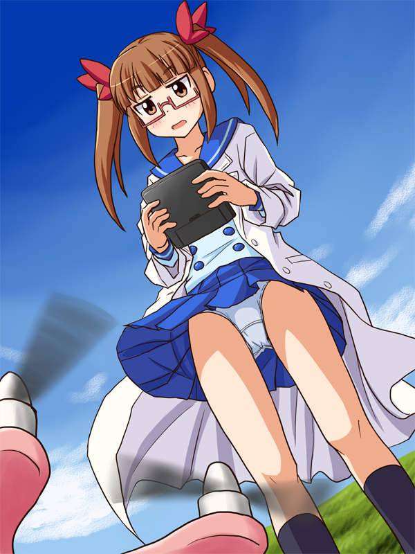 1girl bangs black_legwear blouse blue_blouse blue_panties blue_skirt blue_sky blunt_bangs brown_eyes brown_hair clouds cloudy_sky coat crotch_seam day drone dutch_angle eyebrows_visible_through_hair glasses hair_ribbon holding_controller idolmaster idolmaster_cinderella_girls ikebukuro_akiha labcoat lielos long_sleeves looking_at_viewer medium_hair miniskirt motion_blur open_mouth outdoors panties pantyshot pantyshot_(standing) pleated_skirt rectangular_eyewear red-framed_eyewear red_ribbon ribbon school_uniform semi-rimless_eyewear serafuku skirt skirt_lift sky socks solo standing twintails underwear white_coat wind wind_lift