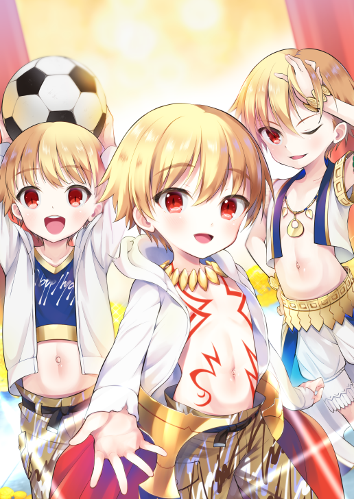 1boy amu_enya ball blonde_hair blush child child_gilgamesh fate/hollow_ataraxia fate/kaleid_liner_prisma_illya fate_(series) hair_between_eyes hood hoodie jewelry looking_at_viewer midriff navel necklace one_eye_closed open_mouth red_eyes soccer_ball solo telstar vest younger