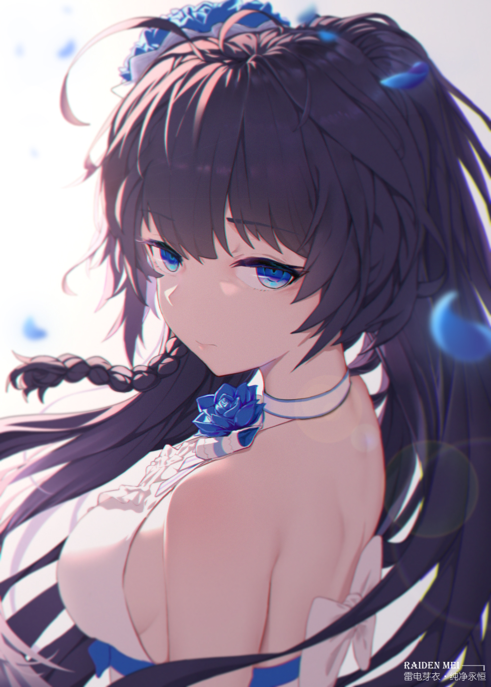 1girl antenna_hair back_bow bangs bare_shoulders black_hair blue_eyes blue_flower bow braid breasts character_name chinese_commentary closed_mouth commentary_request dress expressionless eyebrows_visible_through_hair flower from_side hair_flower hair_ornament halter_dress hbb highres honkai_(series) honkai_impact_3rd lens_flare long_hair looking_at_viewer looking_to_the_side medium_breasts petals raiden_mei side_braid sideboob simple_background sleeveless sleeveless_dress solo upper_body very_long_hair white_background white_bow white_dress