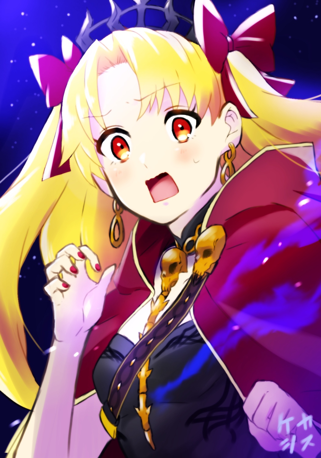 1girl asymmetrical_sleeves bangs between_breasts black_dress blonde_hair blue_background blush breasts cape detached_collar dress earrings ereshkigal_(fate/grand_order) fate/grand_order fate_(series) gold_trim gradient gradient_background highres hood hooded_cape hoop_earrings infinity jewelry keshi_kasuyaro long_hair long_sleeves looking_at_viewer necklace open_mouth parted_bangs red_cape red_eyes red_nails single_sleeve skull small_breasts solo spine tiara two_side_up