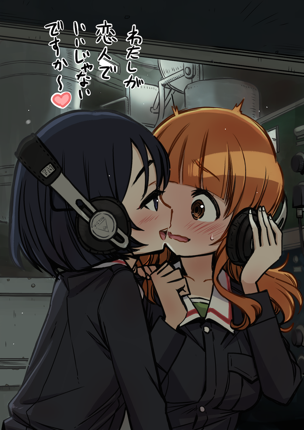 bangs black_eyes black_hair blue_jacket blunt_bangs eyebrows_visible_through_hair frown girls_und_panzer green_shirt hand_on_headphones headphones heart highres hone_(honehone083) jacket long_hair long_sleeves looking_at_another military military_uniform ooarai_military_uniform open_mouth orange_eyes orange_hair shirt short_hair smile sweatdrop takebe_saori tank_interior translated trembling uniform utsugi_yuuki yuri