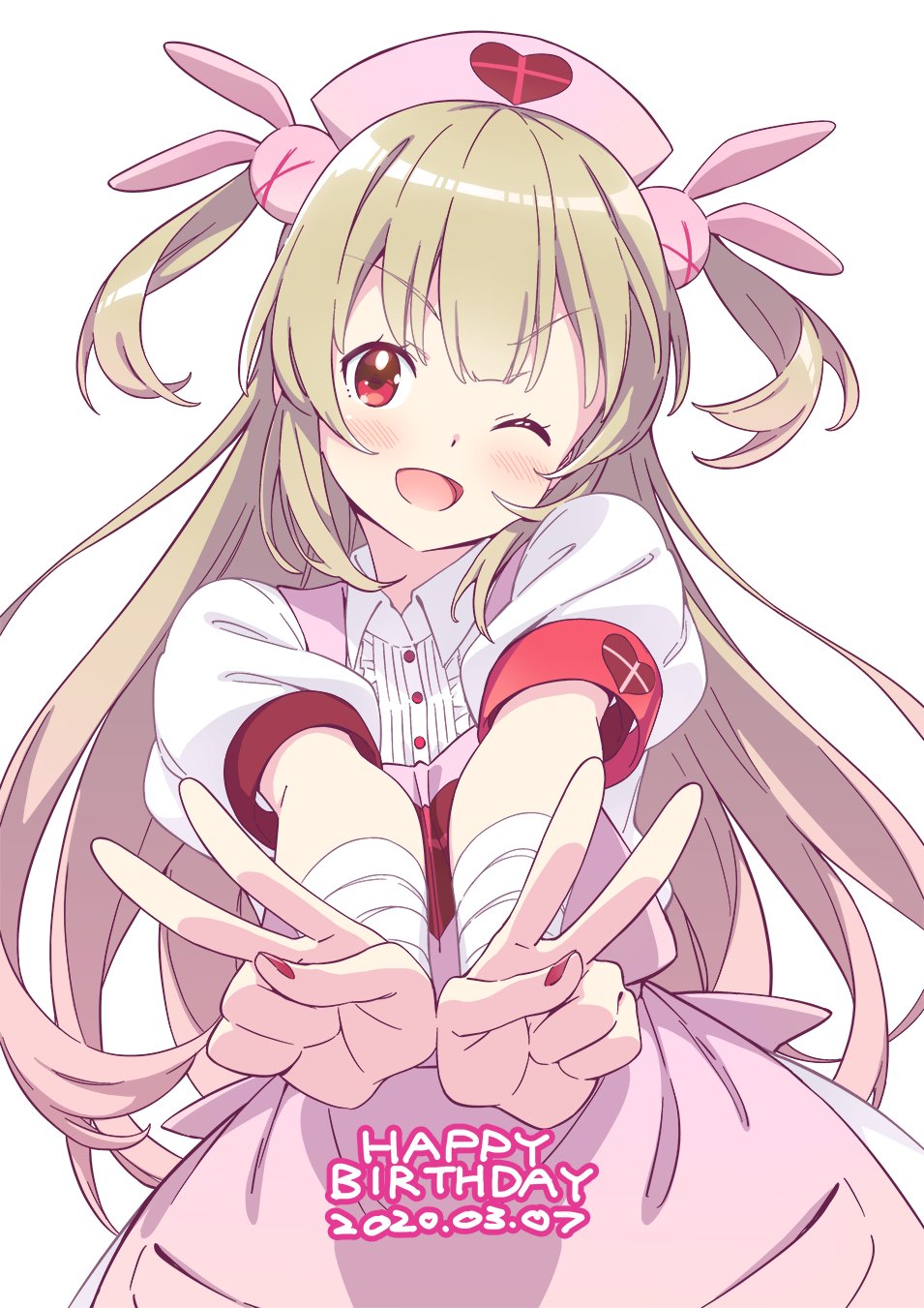 apron armband blush commentary_request dated double_v happy_birthday hat highres kanzaki_hiro long_hair natori_sana nurse_cap open_mouth red_eyes sana_channel simple_background v virtual_youtuber white_background