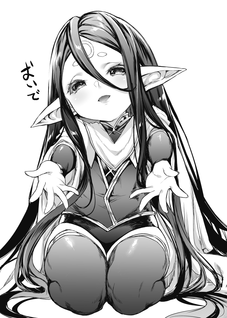 1girl absurdly_long_hair granblue_fantasy harvin kneeling long_hair looking_at_viewer monochrome mushi024 open_eyes open_mouth outstretched_arms pointy_ears rei_(granblue_fantasy) sidelocks solo thigh-highs very_long_hair