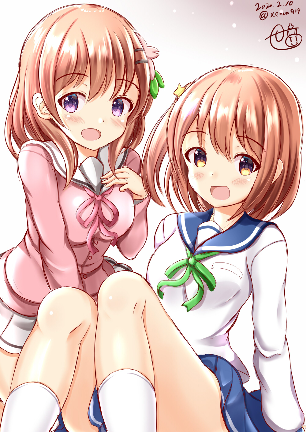 2girls :d bangs blue_sailor_collar blue_skirt blush breasts brown_background brown_eyes brown_hair cardigan company_connection crossover dated eyebrows_visible_through_hair gochuumon_wa_usagi_desu_ka? gradient gradient_background green_ribbon hair_between_eyes hair_ornament hairclip highres hoto_cocoa knees_up koisuru_asteroid konohata_mira manga_time_kirara manga_time_kirara_carat medium_breasts multiple_girls neck_ribbon one_side_up open_mouth pink_cardigan pink_ribbon pleated_skirt ribbon sailor_collar school_uniform serafuku shirt signature sitting skirt smile socks star star_hair_ornament twitter_username violet_eyes white_background white_legwear white_sailor_collar white_shirt white_skirt zenon_(for_achieve)