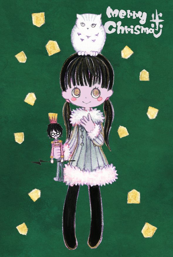 1girl :&gt; abstract al_bhed_eyes animal animal_on_head band_uniform bangs bird black-framed_eyewear black_hair black_legwear blunt_bangs blush blush_stickers buttons character_doll commentary_request doll dot_nose eyelashes facial_hair full_body fur-trimmed_sweater gekidan_inu_curry glasses green_background hair_tie hand_on_own_chest happy hat holding holding_toy kawamoto_hinata kiriyama_rei legs_apart looking_up merry_christmas mustache official_art on_head owl pantyhose sangatsu_no_lion shougi_piece simple_background smile solo standing straight_hair striped striped_sweater sweater toy twintails uniform weapon yellow_eyes