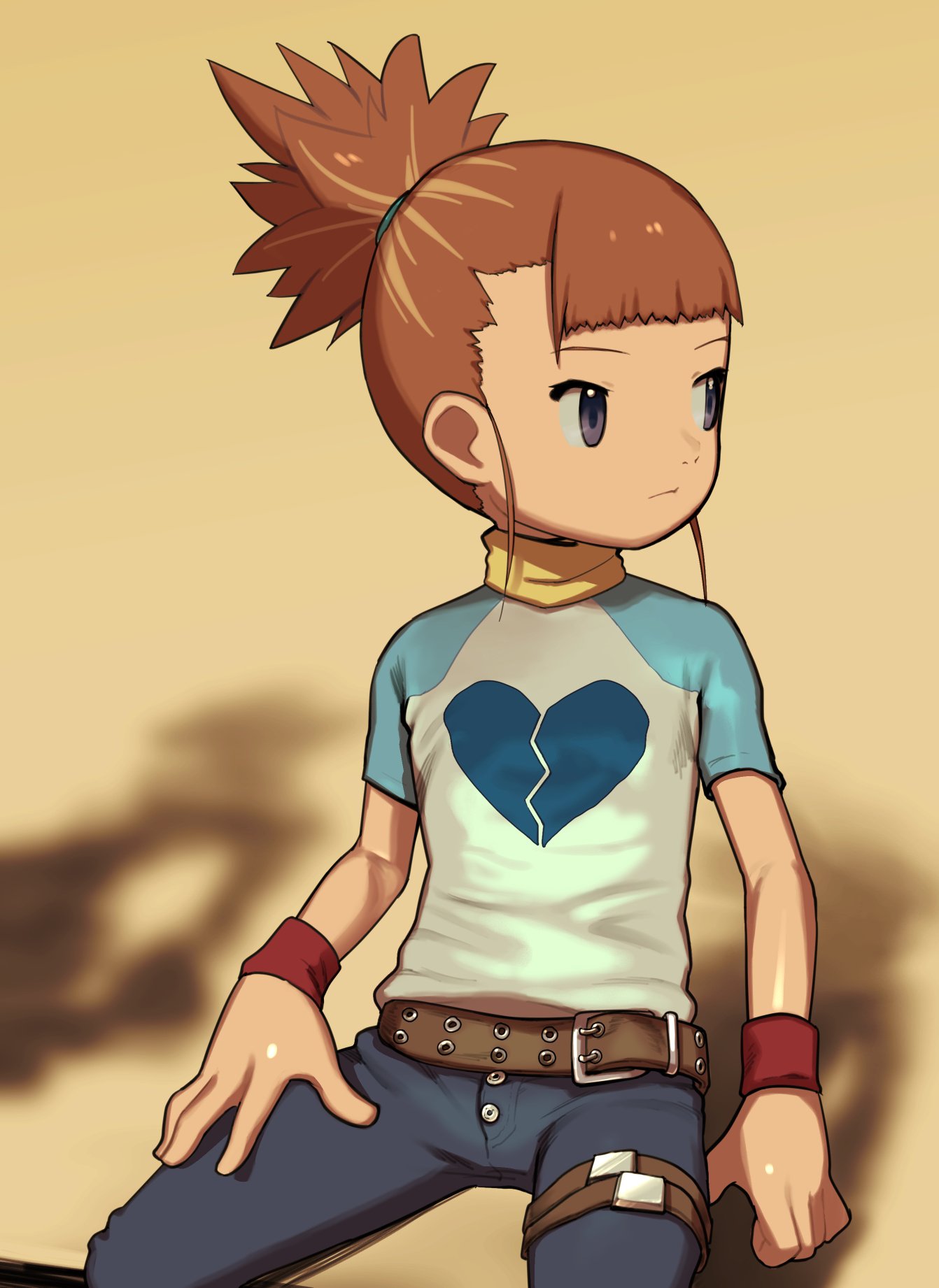 1girl 2equal8 belt brown_hair closed_mouth commentary denim digimon digimon_tamers highres jeans makino_ruki pants ponytail raglan_sleeves shirt short_hair solo violet_eyes wristband