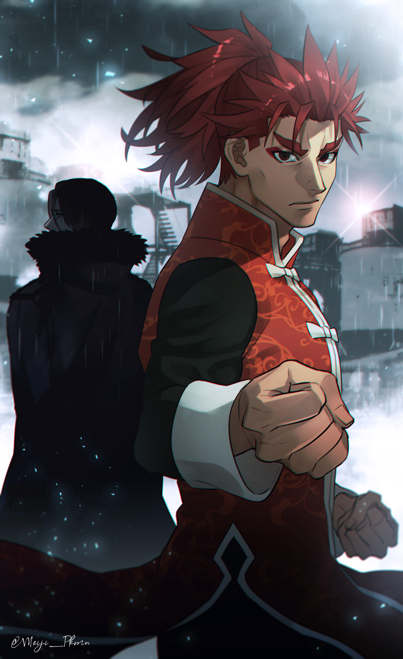 2boys back black_coat black_eyes black_hair building changpao chinese_clothes clenched_hand closed_mouth clouds coat collar eyeshadow fate/grand_order fate_(series) fighting_stance fur_collar fur_trim high_ponytail highres julius_belkisk_harway li_shuwen_(fate) long_hair long_sleeves looking_at_viewer looking_to_the_side makeup male_focus meiji_ken multiple_boys outdoors rain red_eyeshadow redhead spiky_hair stairs standing