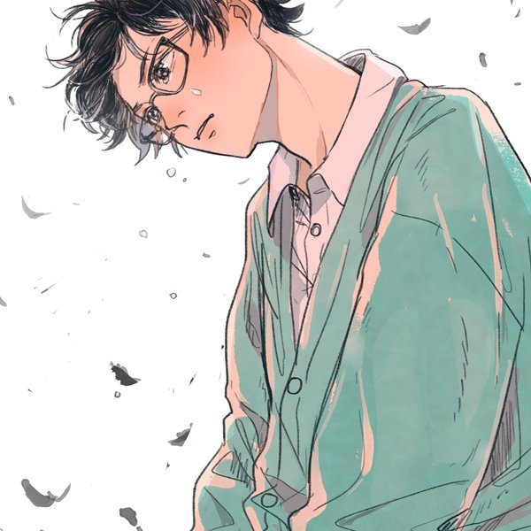1boy arms_at_sides billies_(christina_oh) black-framed_eyewear black_eyes black_hair blue_sweater buttons collared_shirt crying crying_with_eyes_open dress_shirt expressionless feathers flying_teardrops glasses kiriyama_rei leaning leaning_forward looking_afar male_focus messy_hair parted_lips partially_unbuttoned sangatsu_no_lion shirt simple_background sweater tears upper_body white_background white_shirt