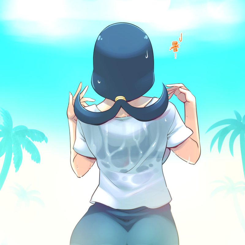 1girl ass blue_hair bra breasts commentary e_keroron long_hair palm_tree pokemon pokemon_(anime) pokemon_sm_(anime) shirt solo suiren's_mother_(pokemon) tree underwear wet wet_clothes wet_shirt