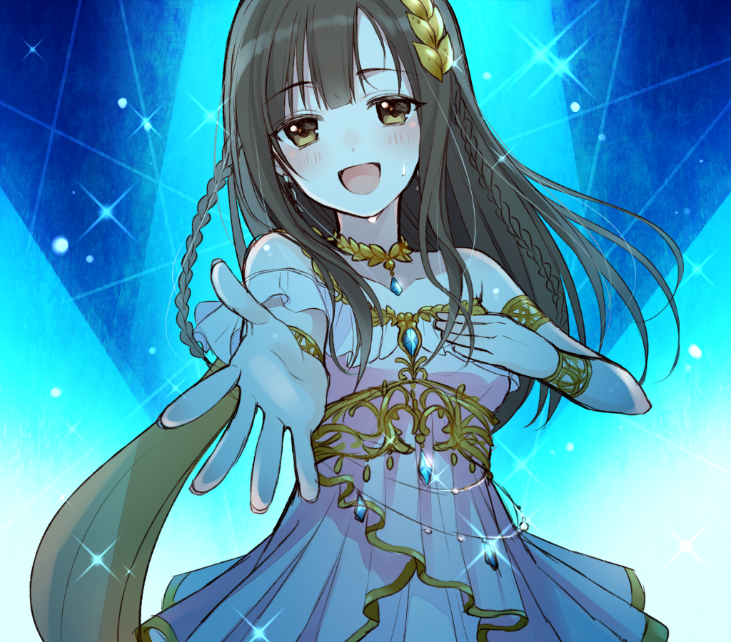 1girl :d blue_background bracelet brown_eyes brown_hair chisumi dress glint hair_ornament hand_on_own_chest idolmaster idolmaster_cinderella_girls jewelry looking_at_viewer mizumoto_yukari necklace open_mouth reaching_out side_braids smile solo sweat white_dress