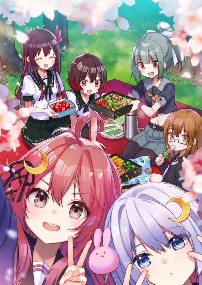 6+girls ahoge belt black_legwear black_serafuku blue_eyes brown_eyes brown_hair bunny_hair_ornament cherry_blossoms commentary_request crescent crescent_hair_ornament crop_top dango double_v eating food glasses gradient_hair green_hair green_sailor_collar green_skirt hair_ornament hair_ribbon high_ponytail kantai_collection kisaragi_(kantai_collection) koruri long_hair looking_at_viewer midriff mochizuki_(kantai_collection) multicolored_hair multiple_girls mutsuki_(kantai_collection) navel obentou open_mouth outdoors pantyhose picnic pink_hair ponytail puffy_short_sleeves puffy_sleeves purple_hair redhead ribbon sailor_collar school_uniform self_shot serafuku short_hair short_sleeves skirt thermos uzuki_(kantai_collection) v wagashi white_neckwear white_ribbon wristband yayoi_(kantai_collection) yuubari_(kantai_collection)