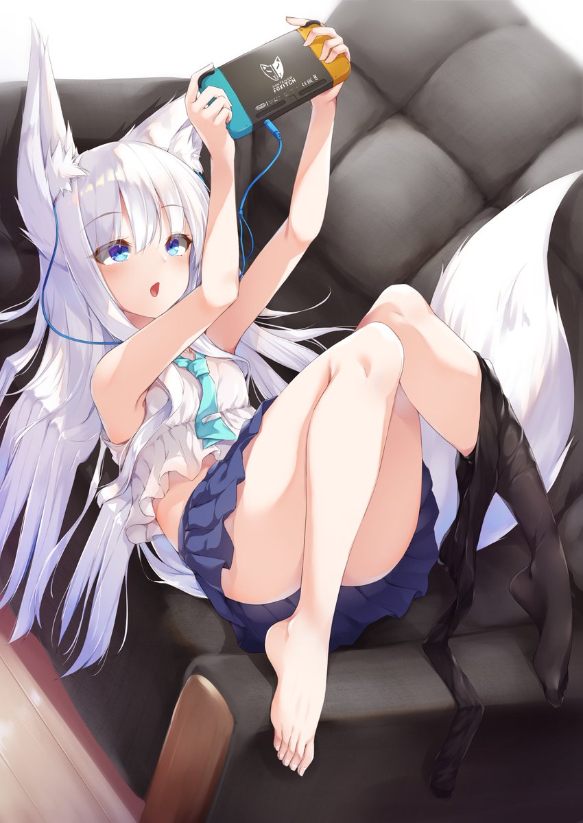 1girl :o animal_ear_fluff animal_ears arm_support armpits arms_up bangs bare_arms bare_shoulders barefoot black_legwear blue_eyes blue_neckwear blue_skirt blush brand_name_imitation commentary_request convenient_leg couch earphones eyebrows_visible_through_hair fox_ears fox_girl fox_tail full_body highres holding knees_together_feet_apart knees_up long_hair lying miniskirt necktie nintendo_switch on_back on_couch open_mouth original pantyhose pantyhose_around_one_leg pantyhose_pull playing_games pleated_skirt shirt silver_hair skirt sleeveless sleeveless_shirt solo tail very_long_hair white_shirt yuki_kawachi