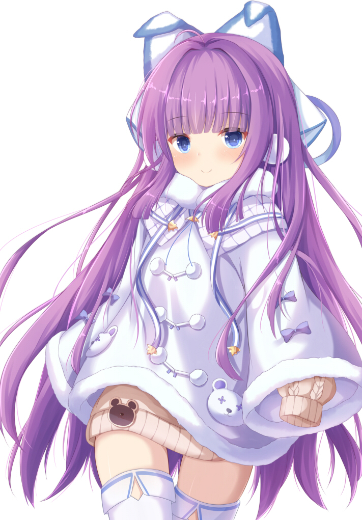 1girl animal_ears azur_lane bangs blue_eyes blush brown_sweater closed_mouth coat commentary_request dress earmuffs eyebrows_visible_through_hair fake_animal_ears fur-trimmed_coat fur_trim hair_ornament hair_ribbon kedama_(kedama_akaza) long_hair long_sleeves looking_at_viewer open_mouth purple_hair red_eyes ribbon simple_background sleeves_past_fingers sleeves_past_wrists smile solo sweater tashkent_(azur_lane) thigh-highs very_long_hair white_background white_coat white_legwear winter_clothes