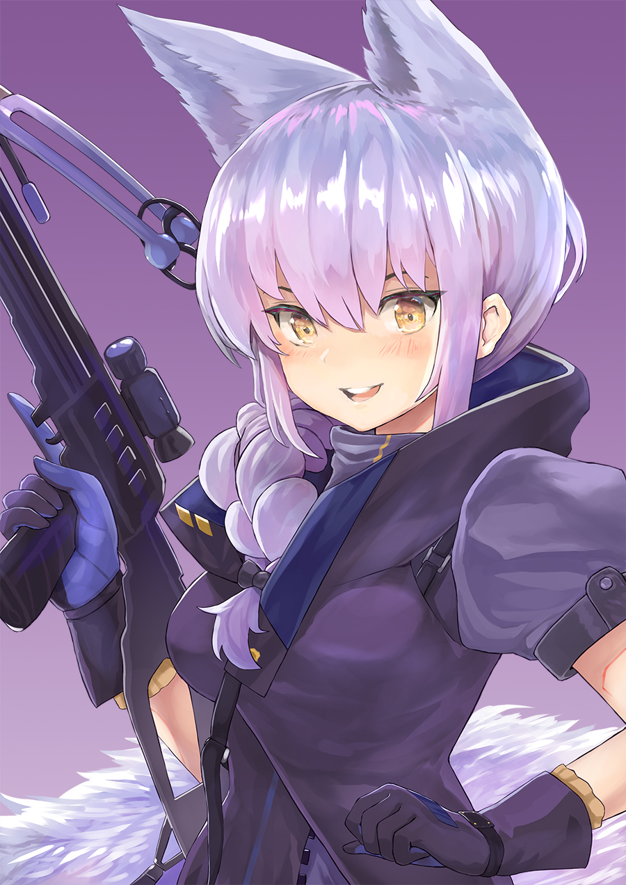 1girl :d animal_ears arknights bangs blush bow_(weapon) braid breasts brown_eyes commentary crossbow fatherland2009 gloves hair_between_eyes highres holding holding_bow_(weapon) holding_weapon jacket long_hair looking_at_viewer medium_breasts open_mouth provence_(arknights) puffy_short_sleeves puffy_sleeves purple_background purple_gloves purple_hair purple_jacket short_sleeves sidelocks simple_background smile solo trigger_discipline upper_body weapon wolf_ears