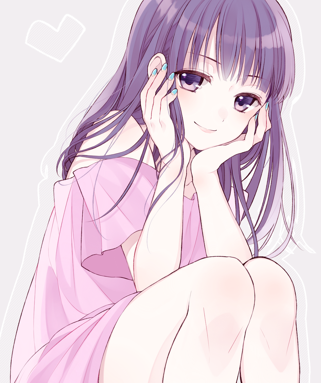 1girl arm_support bangs black_eyes black_hair blue_nails blush chisumi grey_background hands_up heart highres legs_together long_hair looking_at_viewer nail_polish off_shoulder original outline pink_shirt purple_hair shirt short_sleeves smile solo