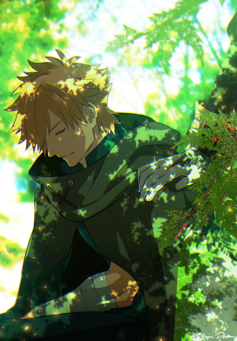 1boy bandaged_arm bandages blonde_hair cape closed_eyes closed_mouth collar day fate/grand_order fate_(series) forest gloves green_cape hand_on_another's_shoulder hands light_rays long_sleeves male_focus meiji_ken nature outdoors robin_hood_(fate) shadow short_hair solo sunbeam sunlight tree white_gloves