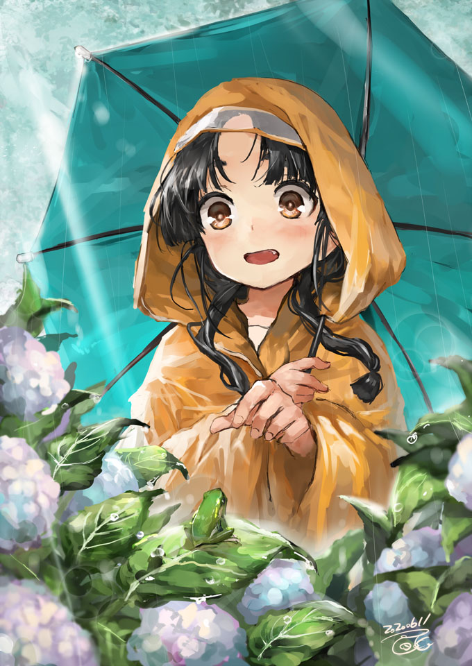 1girl black_hair blush brown_eyes dated flower holding holding_umbrella hydrangea kantai_collection long_hair nisshin_(kantai_collection) open_mouth purple_flower sidelocks signature solo toka_(marchlizard) umbrella