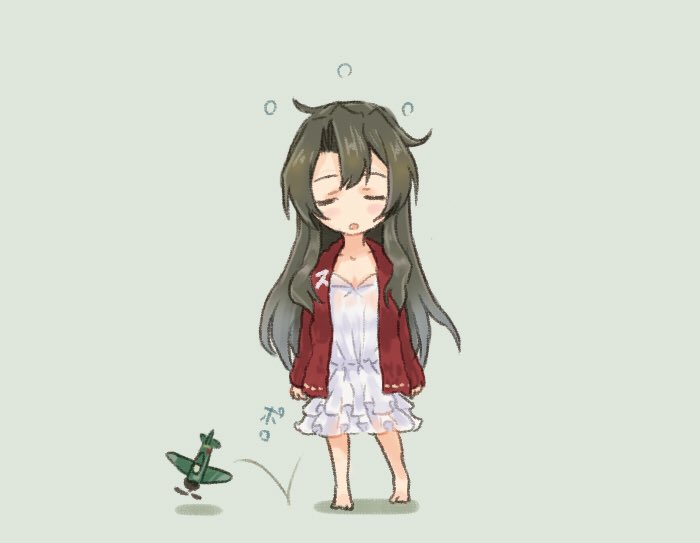 1girl aircraft airplane closed_eyes dark_green_hair grey_background hair_down jacket kantai_collection long_hair otoufu pajamas simple_background sleepy solo zuikaku_(kantai_collection)