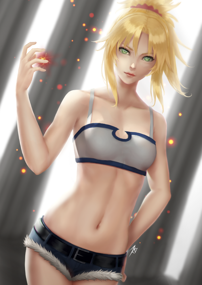 1girl backlighting bandeau bangs bare_arms bare_shoulders belt belt_buckle blonde_hair breasts buckle closed_mouth collarbone column cowboy_shot cutoffs denim denim_shorts dutch_angle electricity fate/apocrypha fate_(series) green_eyes hand_on_hip hand_up light_particles lips looking_at_viewer mordred_(fate) mordred_(fate)_(all) navel parted_bangs pillar ponytail short_hair short_shorts shorts sidelocks signature small_breasts smile solo standing stomach suikunart