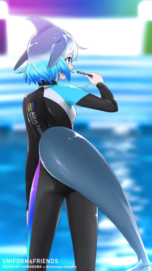 1girl alternate_costume aqua_hair blue_eyes blue_hair commentary_request common_bottlenose_dolphin_(kemono_friends) dolphin_tail dorsal_fin eyebrows_visible_through_hair from_behind gradient_hair grey_hair kemono_friends long_sleeves looking_away multicolored_hair pool short_hair solo stylecase tail wetsuit whistle