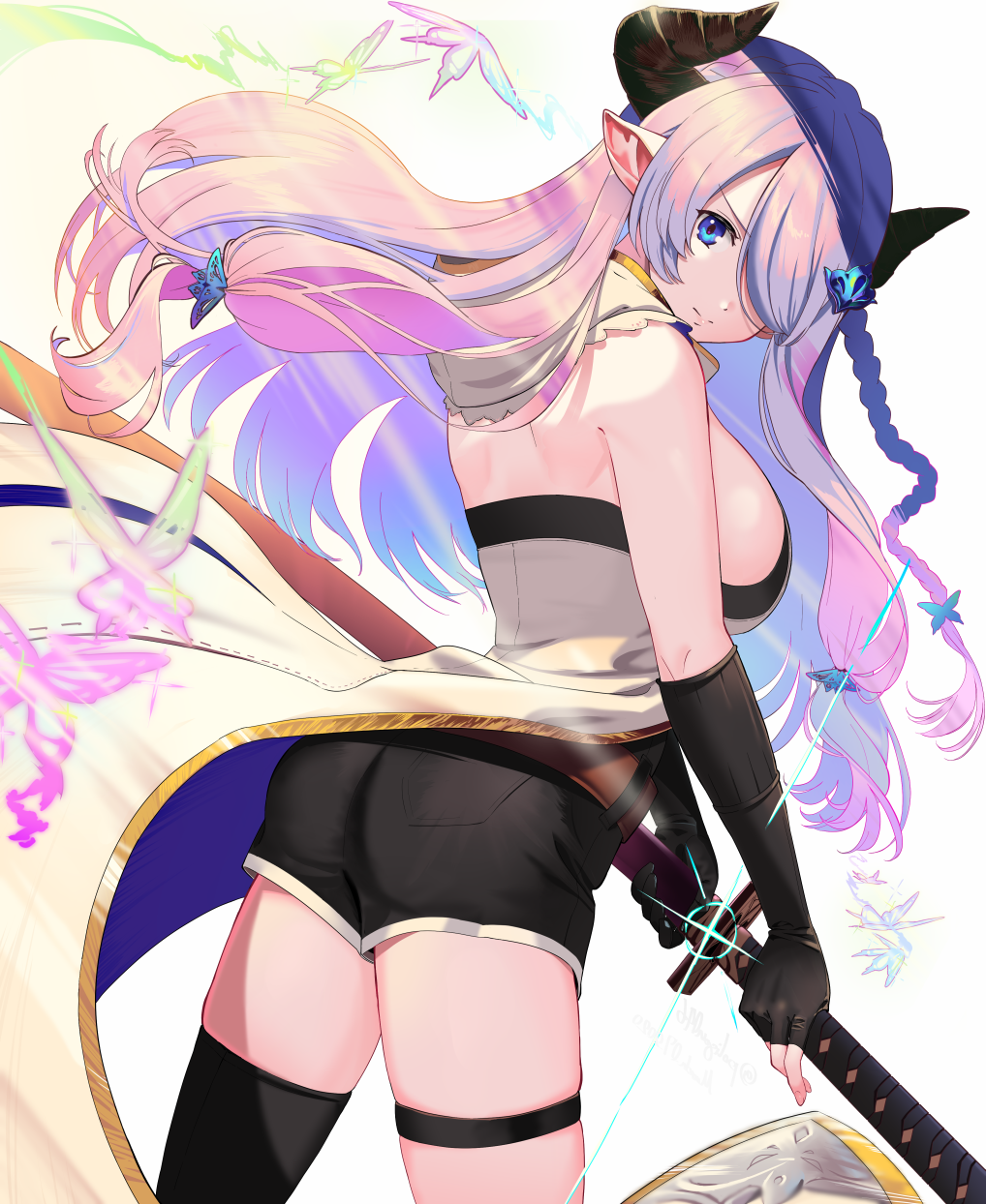 1girl animal_ears black_gloves black_shorts blue_eyes braid breasts bug butterfly fingerless_gloves gloves granblue_fantasy hair_ornament hair_over_one_eye highres hood horns insect large_breasts lavender_hair looking_at_viewer narmaya_(granblue_fantasy) ootachi pig_ears poligon_(046) shorts sideboob simple_background single_thighhigh solo thigh-highs thigh_strap white_background