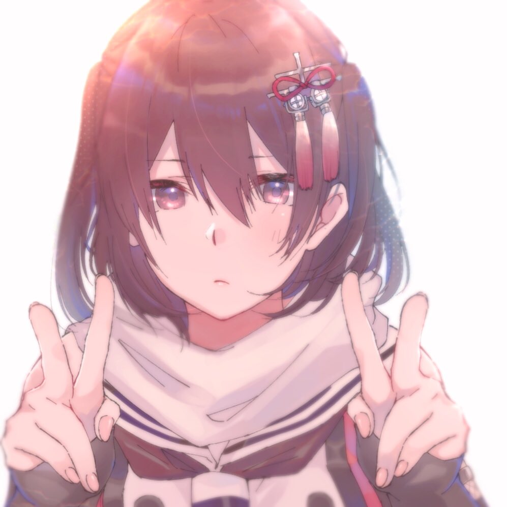 1girl bangs black_gloves brown_eyes brown_hair closed_mouth double_v eyebrows_visible_through_hair fingerless_gloves fingernails gloves hair_between_eyes hair_ornament kantai_collection medium_hair remodel_(kantai_collection) rinto_(rint_rnt) sailor_collar scarf sendai_(kantai_collection) simple_background solo two_side_up upper_body v white_background white_scarf