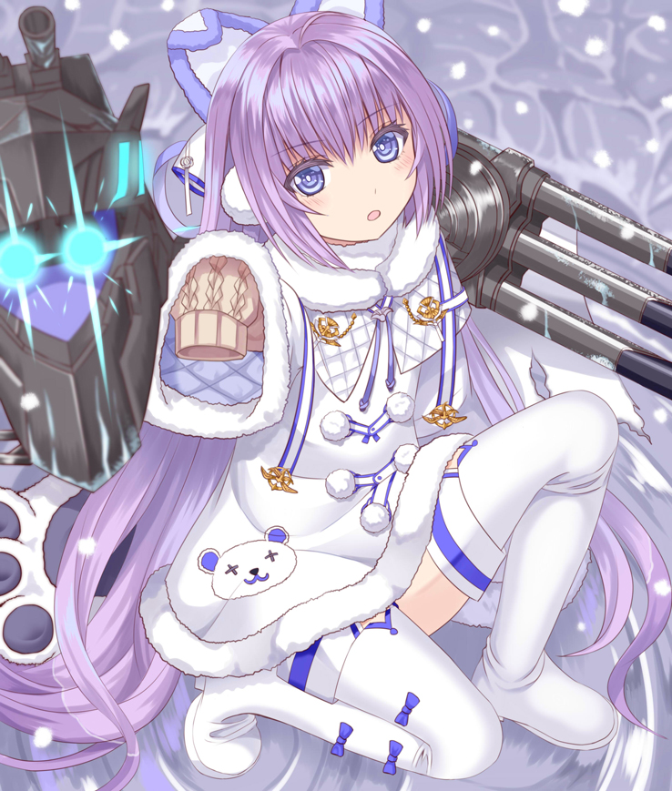 1girl azur_lane bangs blue_bow blue_eyes blush boots bow brown_sweater commentary_request dress eyebrows_visible_through_hair fur-trimmed_dress fur-trimmed_sleeves fur_trim glowing glowing_eyes hair_between_eyes long_hair long_sleeves looking_at_viewer one_knee parted_lips purple_hair sleeves_past_fingers sleeves_past_wrists snowing solo sweater tashkent_(azur_lane) thigh-highs thigh_boots tsukino_neru very_long_hair white_dress white_footwear white_legwear wide_sleeves